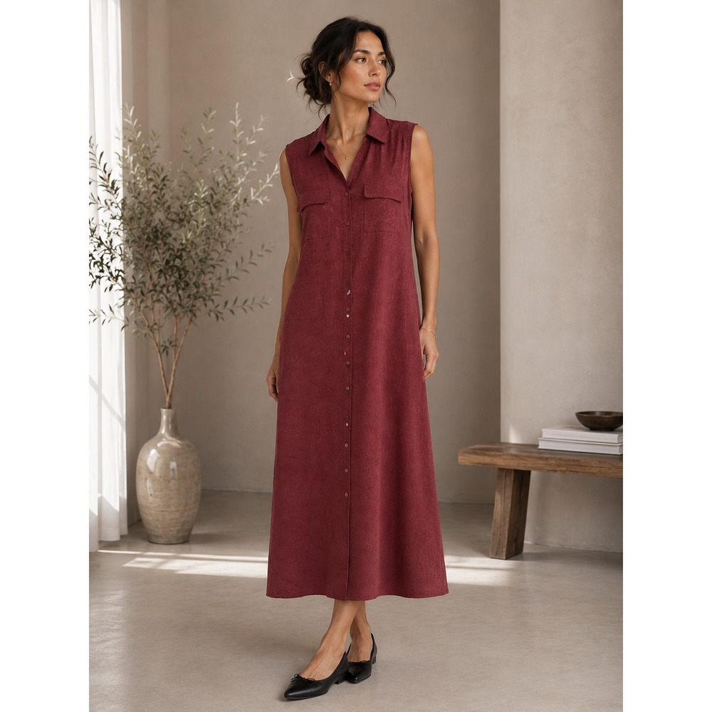 Kate Hill Button Front Maxi Dress Women 18W Red Silk Linen Jacquard Sleeveless